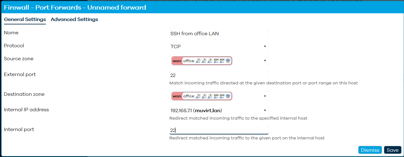 SSH port 22 forward settings
